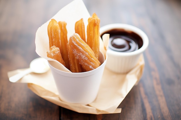 Mini-Churros in Papierkegel mit warmer Schokoladensoße