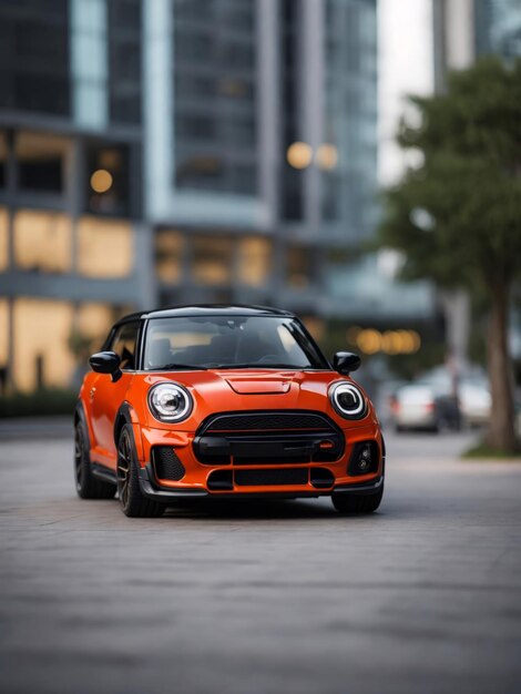 un mini coche rojo estacionado al lado de un edificio de oficinas muy moderno