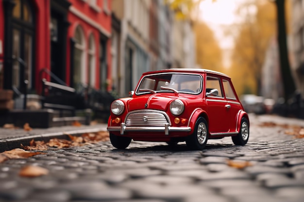 Mini coche rojo retro con ruedas pequeñas.