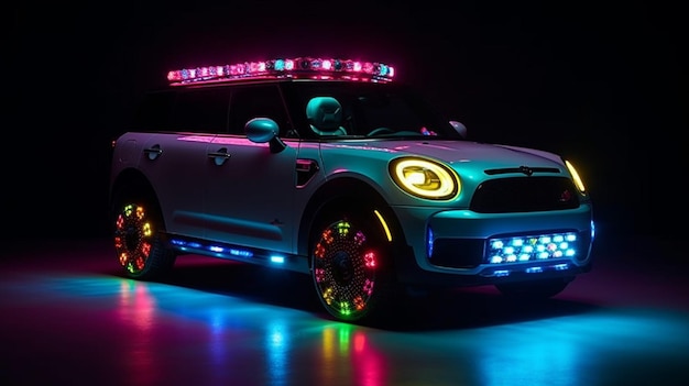 Un mini cooper con luces encendidas en un cuarto oscuro.