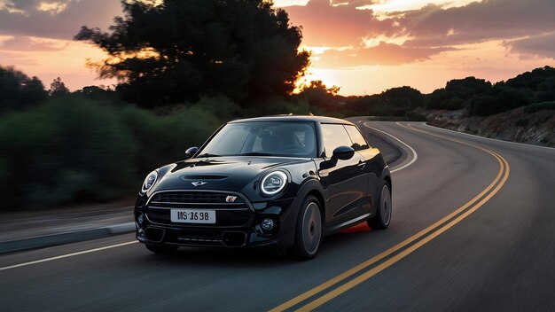 Mini coupé negro en el camino