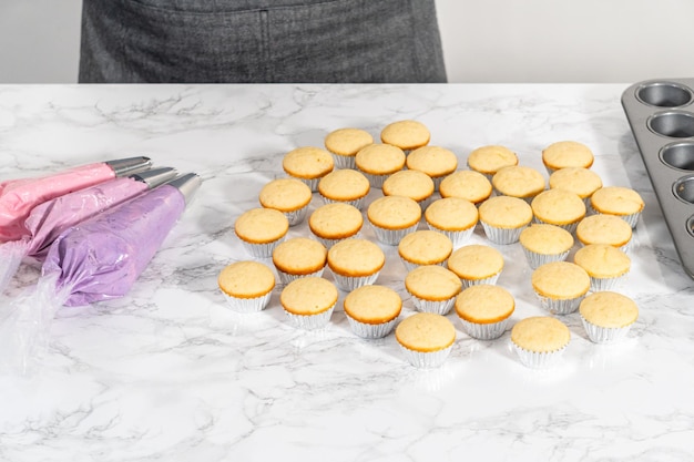 Mini cupcakes de vainilla con glaseado de crema de mantequilla rosa