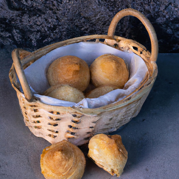 Mini-Gebäck, das gerade fertig war, in einem Strohkorb auf dem verbrannten Zementtisch Essen