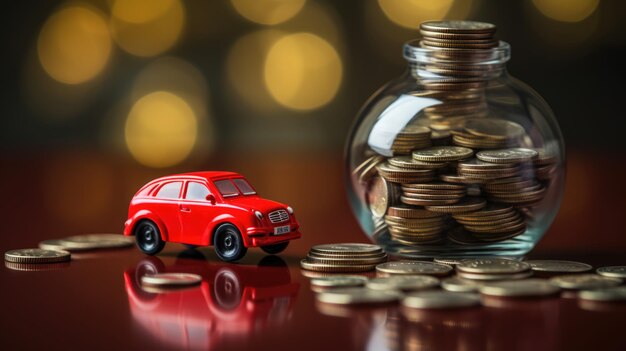 Mini modelo de carro vermelho e uma jarra de vidro com moedas de ouro Conceito de seguro