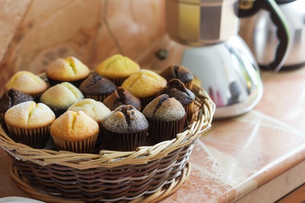 Mini muffins variados dispostos em uma panela de café de cesta para o lado