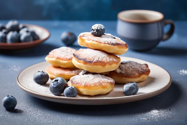 Foto mini panqueques holandeses llamados poffertjes con arándanos salpicados con polvo