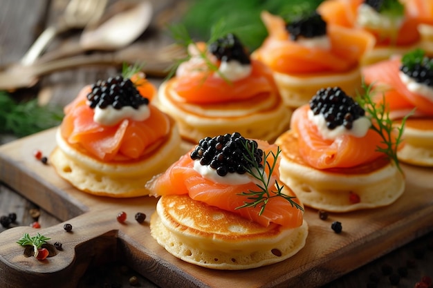Mini panqueques con queso crema, salmón y caviar