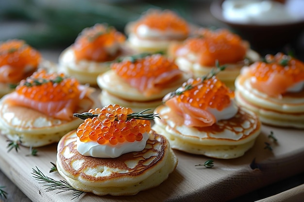 Mini panqueques con queso crema, salmón y caviar