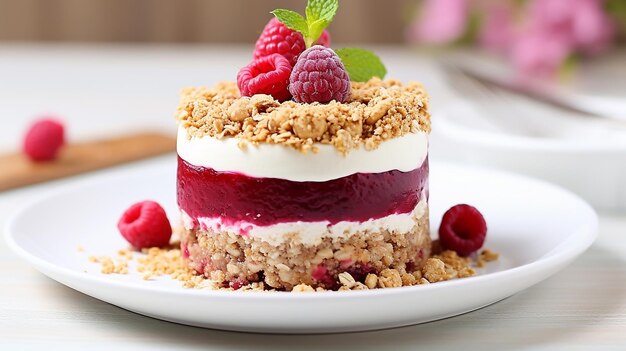 Foto mini pastel nobake de frambuesa con crumble en un plato