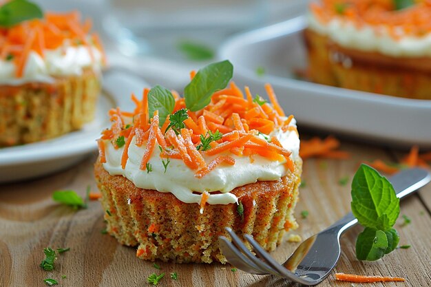 Un mini pastel de zanahorias perfecto para uno con un tenedor a su lado