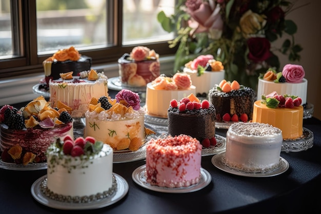 Mini pasteles de boda en varios sabores, formas y tamaños en la mesa de exhibición creada con IA generativa