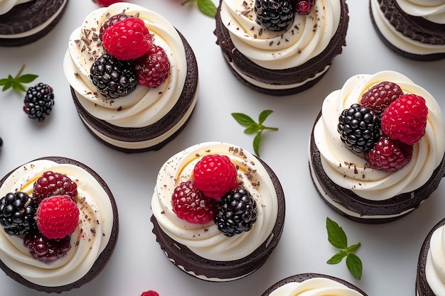 mini pasteles con chocolate y fresas de fondo de pastelería