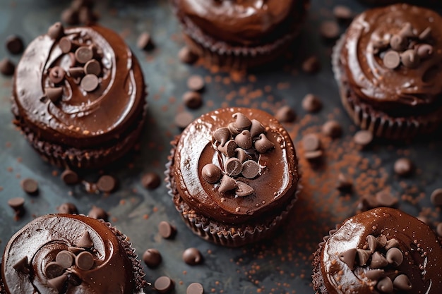 Mini pasteles de chocolate con glaseado de chocolate de enfoque selectivo