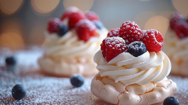 Mini Pavlovas Crear mini pavlovas con conchas de merengues crujientes coronadas por IA generada