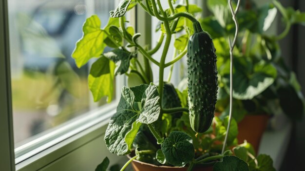 mini pepinos que crecen en una maceta en el alféizar de una ventana