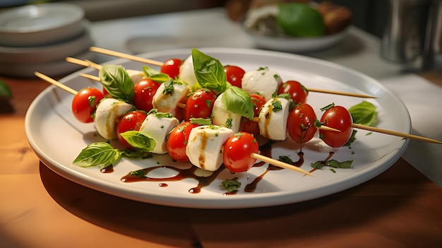 Mini pinchos con tomates de cereza, mozzarella fresca y hojas de albahaca