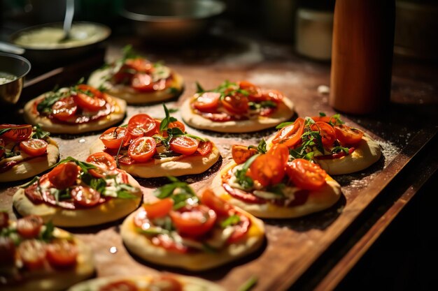 Mini pizzas artesanais para uma aula de culinária