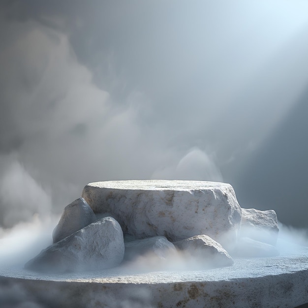 Mini-Podium aus weißem Stein auf dem Hintergrund eines weißen Nebels