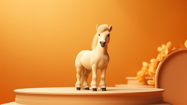 Mini-Pony auf einem Podium mit orangefarbenem Hintergrund