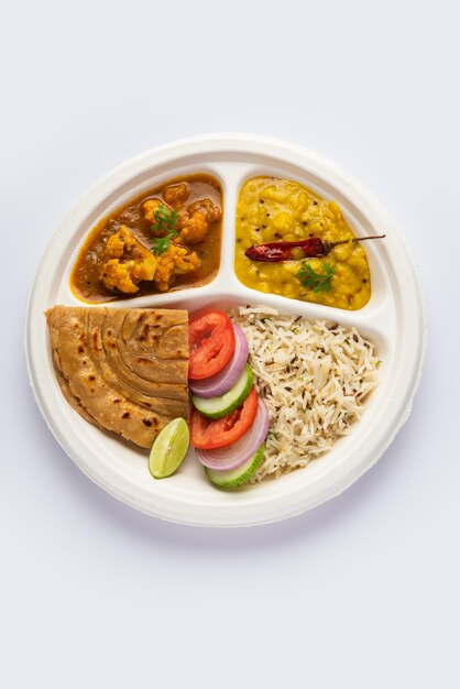 Mini prato indiano ou combo thali com Gobi Masala roti dal tarka jeera salada de arroz