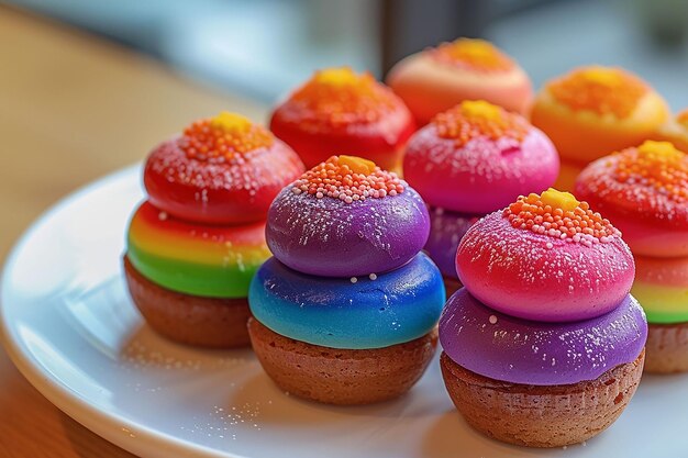 Mini Regenbogenkuchen auf weißem Teller