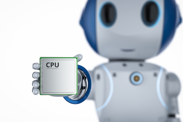 Foto mini robot de renderizado 3d con chip de cpu aislado