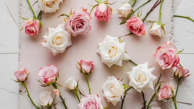 Mini rosas rosas e brancas planas com espaço para cópia