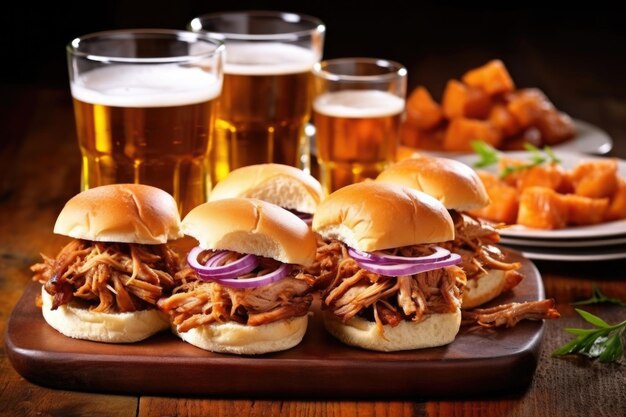 Mini sándwiches de cerdo a la barbacoa con un vaso de cerveza pálida