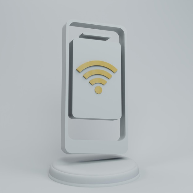 mini smartphone branco com um ícone amarelo wi-fi em um suporte branco redondo em um fundo branco.