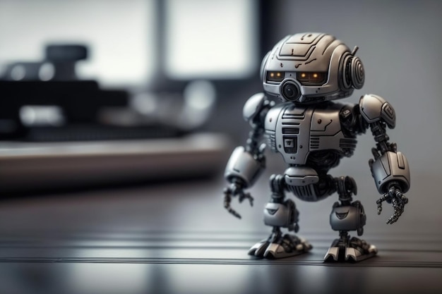 Mini-Spielzeugroboter auf dem Tisch Roboter sind automatische Mechanismen, die integrierte Schaltkreise verwenden, um einfache oder komplexe menschliche Aktivitäten und Bewegungen auszuführen