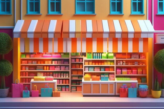 Foto mini store 3d-renderbanner online-shopping-konzept im farbigen hintergrund