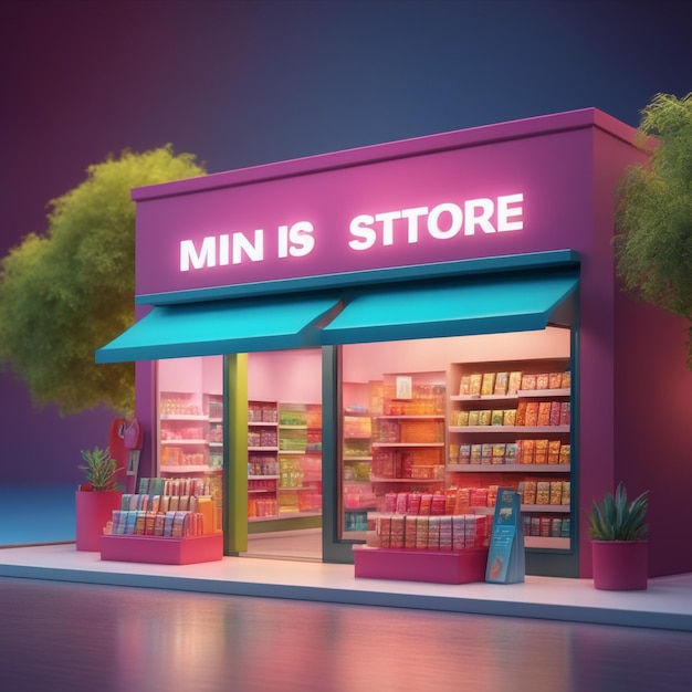 Foto mini store 3d-renderbanner online-shopping-konzept im farbigen hintergrund