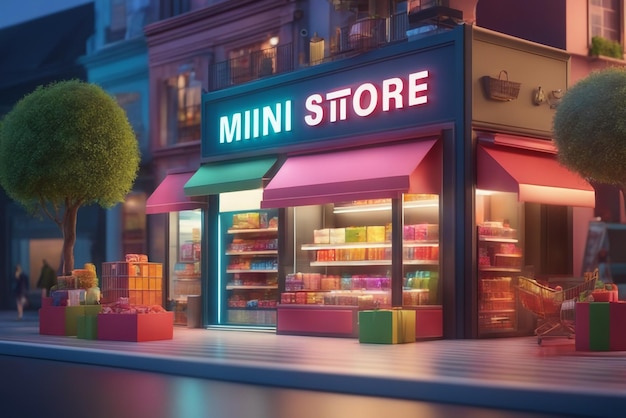 Mini Store 3D-Renderbanner Online-Shopping-Konzept im farbigen Hintergrund