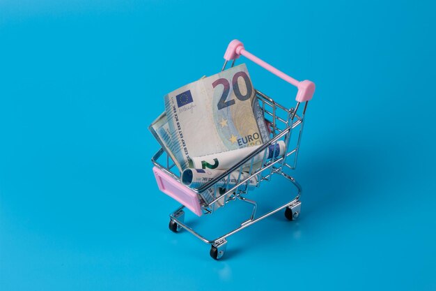 Mini-Supermarkt-Einkaufswagen mit verschiedenen internationalen Währungen Dollar-Euro-Real