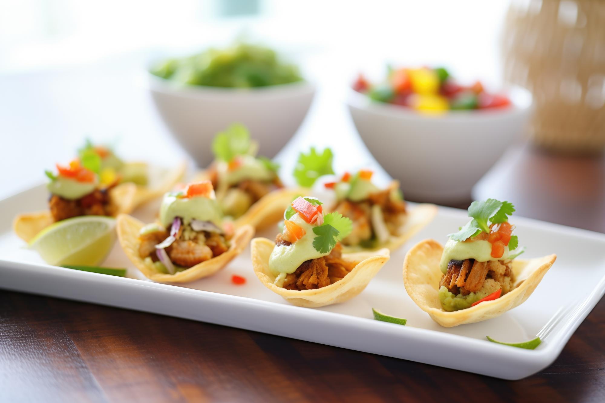 Foto mini-taco-vorspeisen auf einer platte mit guacamole-dip