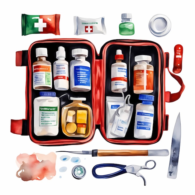 Mini-Tasche mit Erste-Hilfe-Kasten Handgemalte isolierte Illustration auf weißem Hintergrund