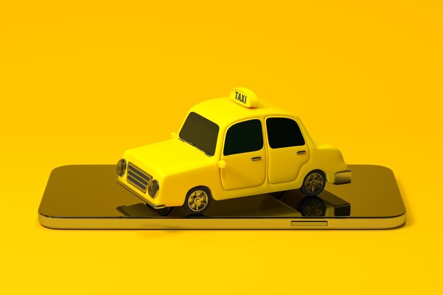 Mini taxi 3D mini coche con una representación 3d de teléfono móvil