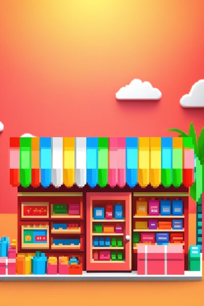 Foto mini tienda 3d render banner concepto de compras en línea en fondo colorido