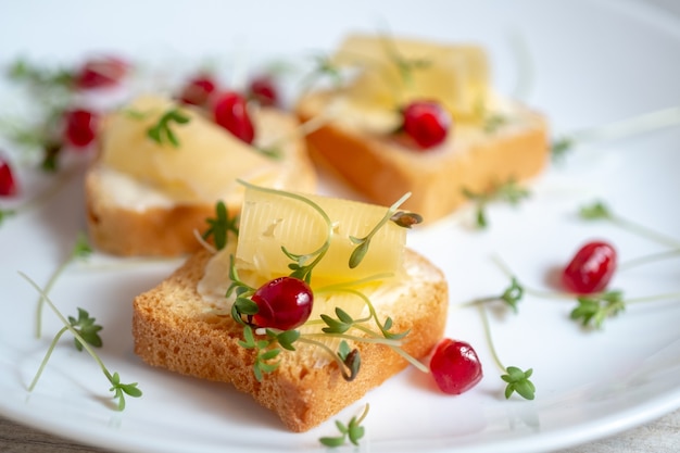 Mini tostadas con micro verduras de mantequilla, queso y berros en un plato blanco. Concepto de desayuno