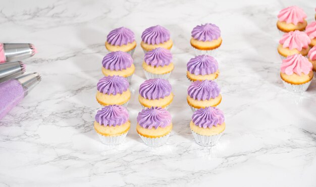Mini-Vanille-Cupcakes mit rosa Buttercreme-Glasur