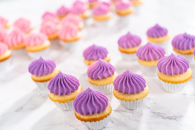 Mini-Vanille-Cupcakes mit rosa Buttercreme-Zuckerguss