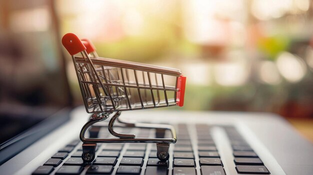 Miniatur-Einkaufswagen auf Laptop-Tastatur, der E-Commerce darstellt