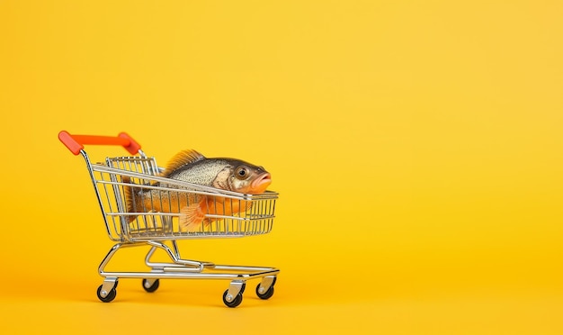 Miniatur-Einkaufswagen mit echtem frischen Fisch-Konzept für die Meeresfrüchte- und Fischindustrie mit Kopierplatz