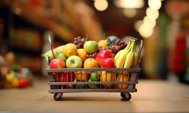 Miniatur-Einkaufswagen mit Rädern, gefüllt mit frischem Obst auf einem Holztisch mit verschwommenem Hintergrund im Supermarkt
