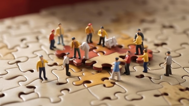 Miniatur-Geschäftsleute, die viele Puzzle-Top-View-Konzepte der Teamarbeit verbinden. Generatives KI-Bild Weber