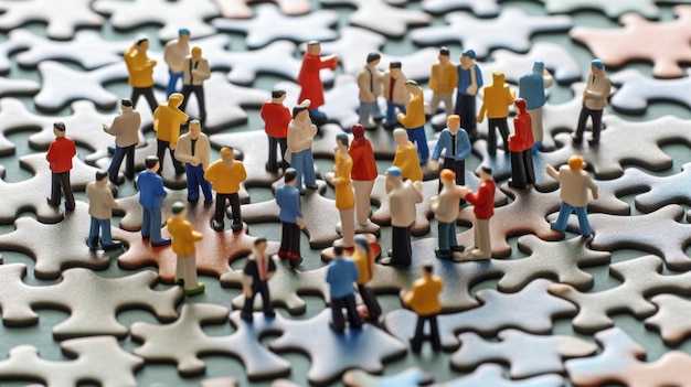 Miniatur-Geschäftsleute, die viele Puzzle-Top-View-Konzepte der Teamarbeit verbinden. Generatives KI-Bild Weber