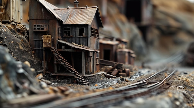 Miniatur-Holz-Bergbau-Hütte auf einem Modellzug