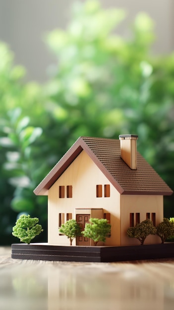 Miniatur-Holzhausmodell mit grünen Bäumen Hintergrund kaufen Immobilien Hypothek Immobilienkonzept