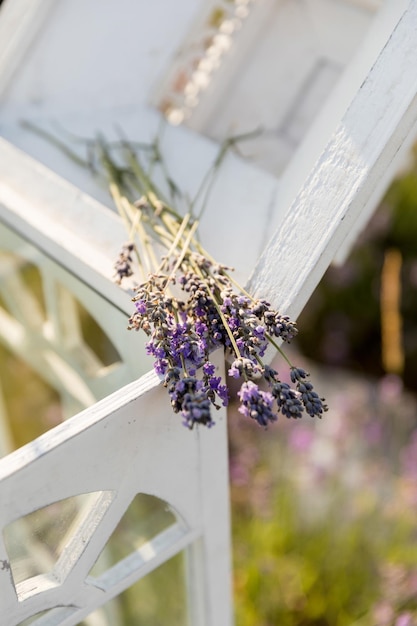 Miniatur-Lavendelstrauß an einem sonnigen Sommertag mit weißer Holzlaterne