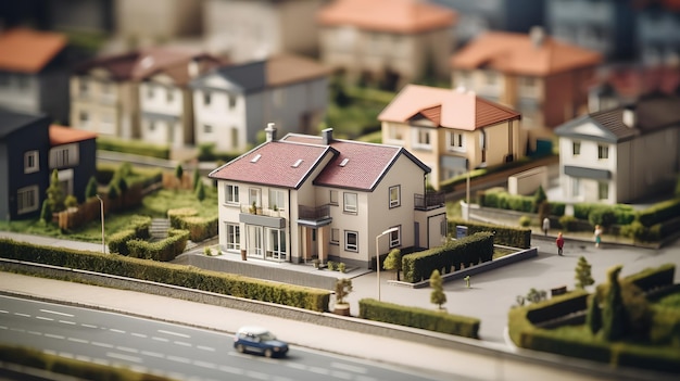 Miniatur-Vorstadtszene mit detailliertem Haus und Auto im Tiltshift-Fokus und Vignettenhintergrund